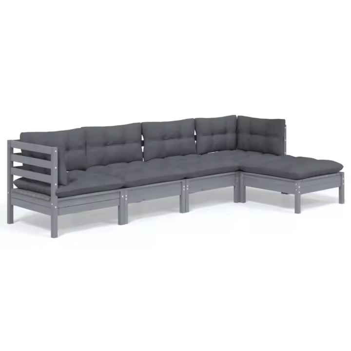 vidaXL Juego de muebles de jardín 5 pzas y cojines madera pino gris - 1