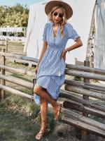 Vestido Largo Medio Casual De Rayas Para Mujer Con Borlas Cuello V Manga Corta Estilo A-Line Primavera Verano Polyester - details 9