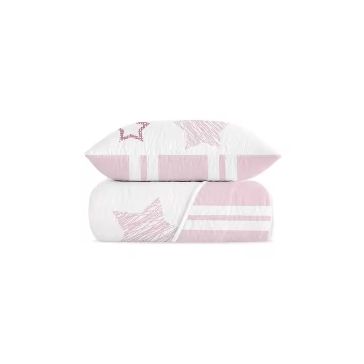 Manterol Outlet - Colcha bouti reversible estampado rayas y estrellas color rosa y blanco con fundas de cojín. Cubrecama ideal para primavera, verano y entretiempo. Colcha fina, extra suave y ligera. - 1