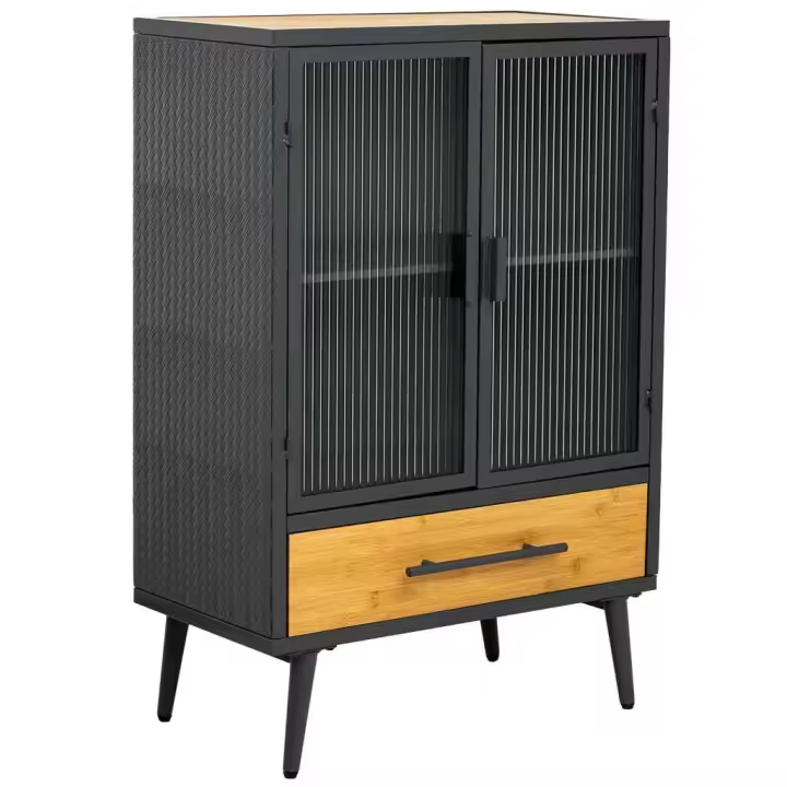 Vitrina de metal, madera y vidrio 1 cajón, negro 61x32x90,5h cm - 1