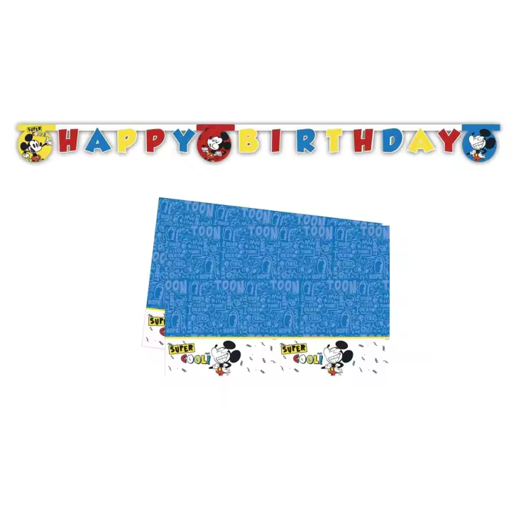 ALMACENESADAN-4737, Pack Disney Mickey Compuesto por Mantel 120x180 cm y Guirnalda Happy Birthday de 2,40 Metros Aproximadamente, Ideal para Fiestas y cumpleaños - 1