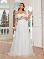 Mgiacy Vestido De Baño De Novia Elegante Con Hombro Solo Y Collar Bordado De Encaje Translúcido De Chiffón Vestido Largo Para Mujer - details 4