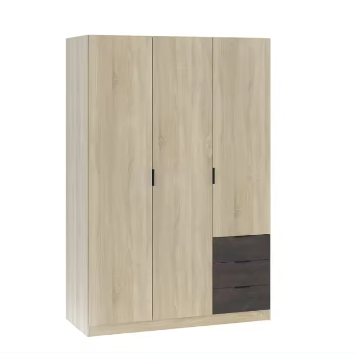 Meimon Armario ropero de 3 puertas con barra de colgar extraíble, 3 cajones inferiores y estantes regulables en altura. Estructura en melamina roble Canadian y tiradores negros. Dimensiones: 180x121x52 cm. Interior blanco. Carga máxima total: 50 kg - 1