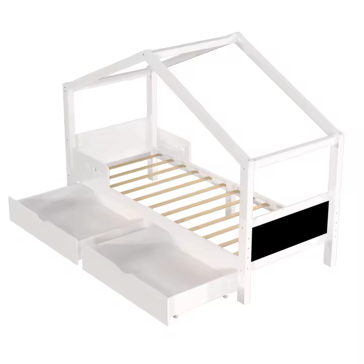 Cama Infantil con Doble Cajón, Cama Anticaída Base Estable de Listones, Madera de Pino Certificado Ambiental Cama Infantil 90x200 cm, Sin Colchón Blanco - 1