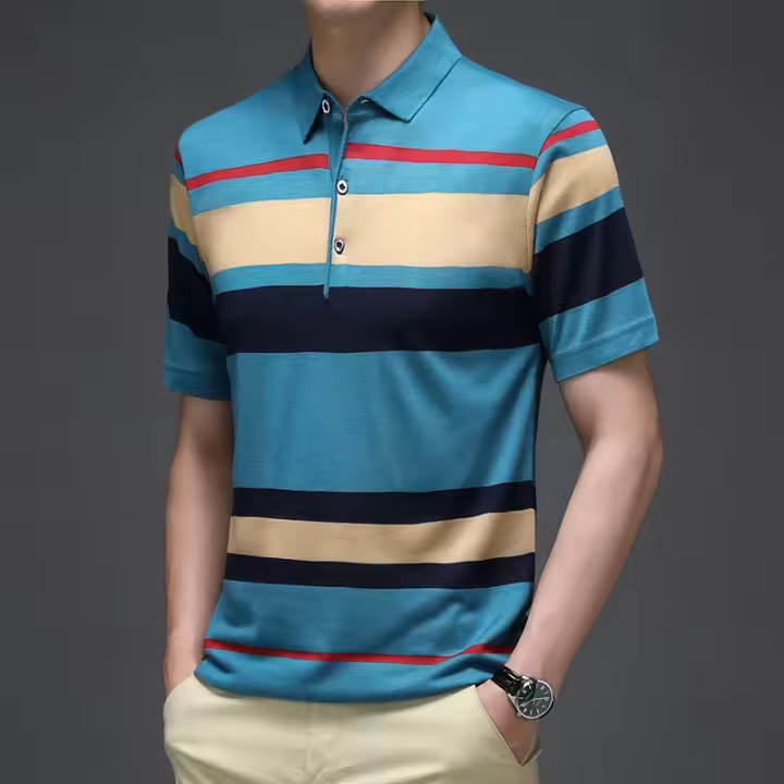 Camisa Polo De Hombre Para Verano 2024 Con Rayas Tejida Cómoda Y Fresca Estilo Casual Moda T-shirt Manga Corta Color Contraste - 1