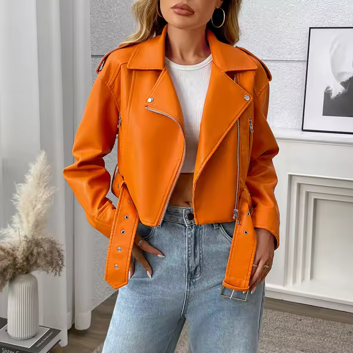 Chaqueta De Cuero PU Para Mujer Fitaylor Azul Oscuro Cierre De Cremallera Estilo Casual Manga Larga Temporada Transversal - 1