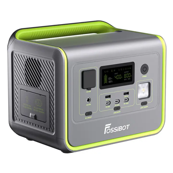 FOSSiBOT F800 Estación energía portátil, Generador solar LiFePO4 512Wh, 3500 ciclos, Salida CA 800W, Entrada solar máxima de 200W, 8 salidas, DC6530, 2xUSB-A, 3xType-C, Salida de CA, Pantalla LCD, Totalmente recargado en 1.2 horas, Luz LED - Verde - 1