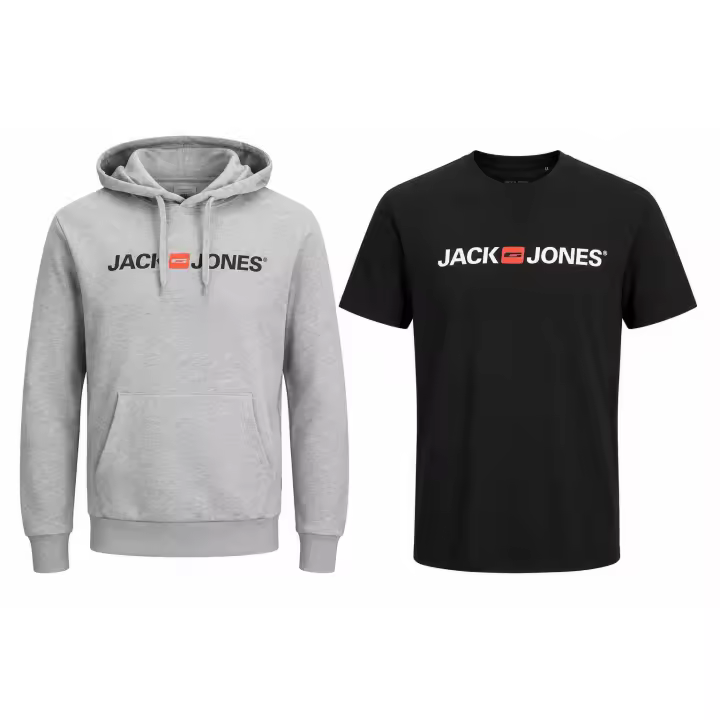 Jack & Jones Pack de 2 Sudadera + Camiseta Hombre con Capucha Ajustable y bolso frontal Mod JJECORP OLD LOGO SWEAT Logo Classics Muy Suave y Cálida ideal Otoño Invierno. - 1