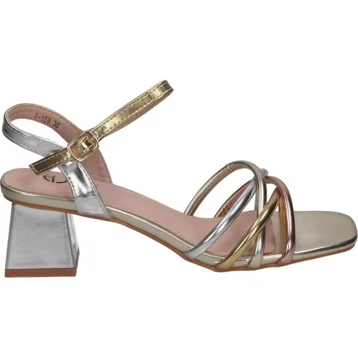 POLKA | Sandalias de tacón Polka para Mujer – Sandalias de Fiesta Color Plata y Dorado– Sandalia Evento con cierre de hebilla – Tacón color Con Tiras Doradas y Plateadas– Tacón Medio  y Cómodo –Sin Plataforma– Alta Calidad – Modelo 187 - 1