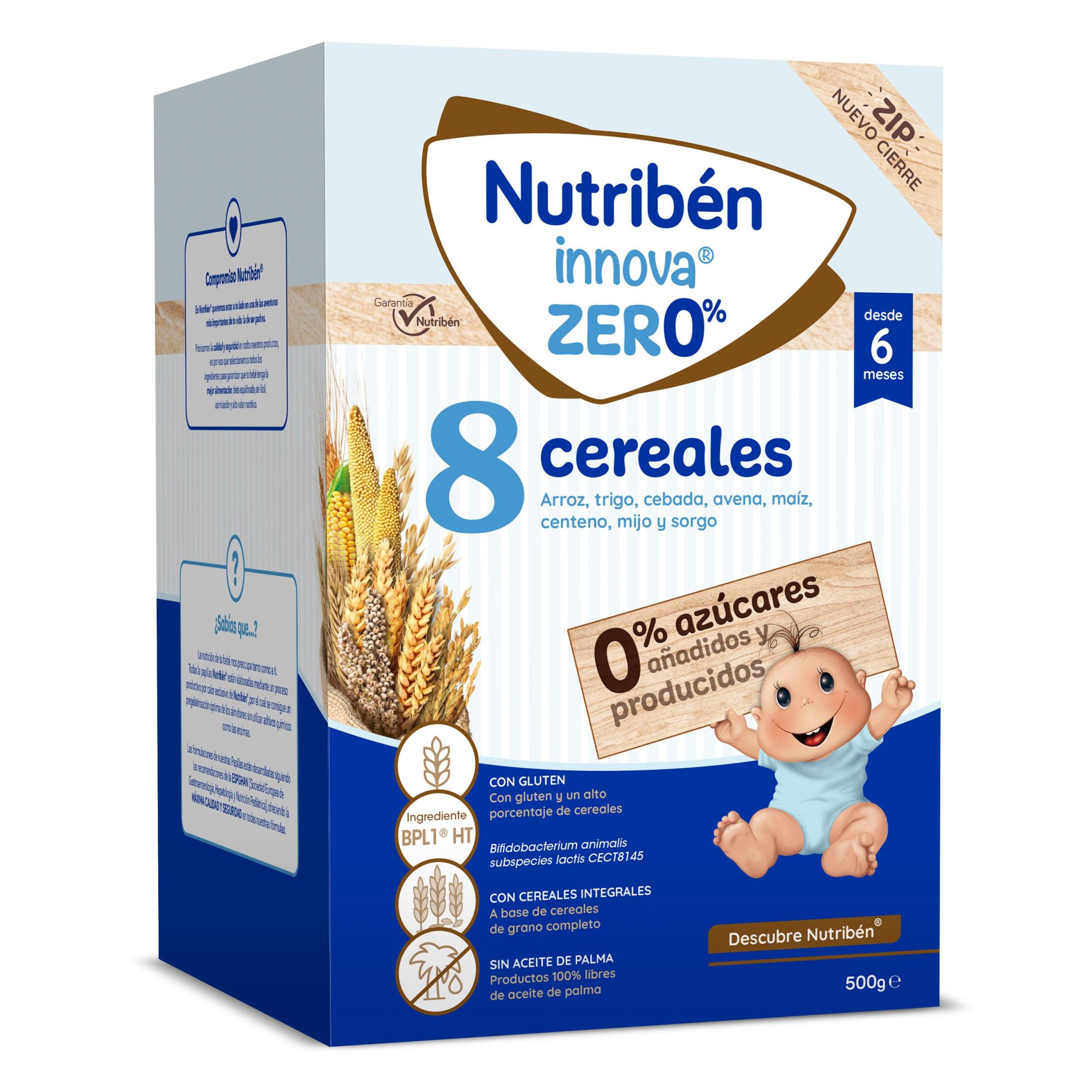 Nutribén Innova Zero% - Papilla de Cereales Sin Azúcar Bebe - 8 Cereales [ Trigo, Cebada, Arroz, Avena, Centeno, Maíz, Mijo y Sorgo ] - Cereales desde los 6 Meses - 500gr