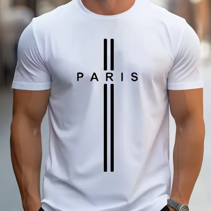Camiseta De Algodón Puro 100% Para Hombre Estampado De París Ajuste Casual Holgado Veraniego Con Cuello Redondo Y Mangas Cortas - 1