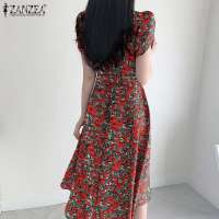 ZANZEA Vestido Midi Elegante Para Mujer Con Cintura Ajustada Estampado Floral Moda Coreana Manga Corta A-line Casual Fiesta - details 10