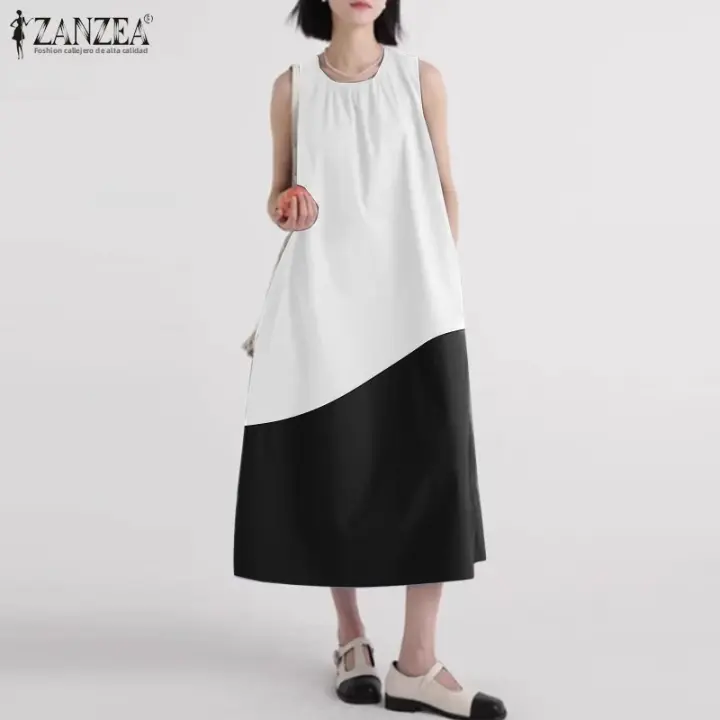 Vestido Midi Sin Mangas De Verano Para Mujer ZANZEA Estilo Coreano Casual Patchwork Colorbloque Oversize Cuello Redondo A-Line - 1