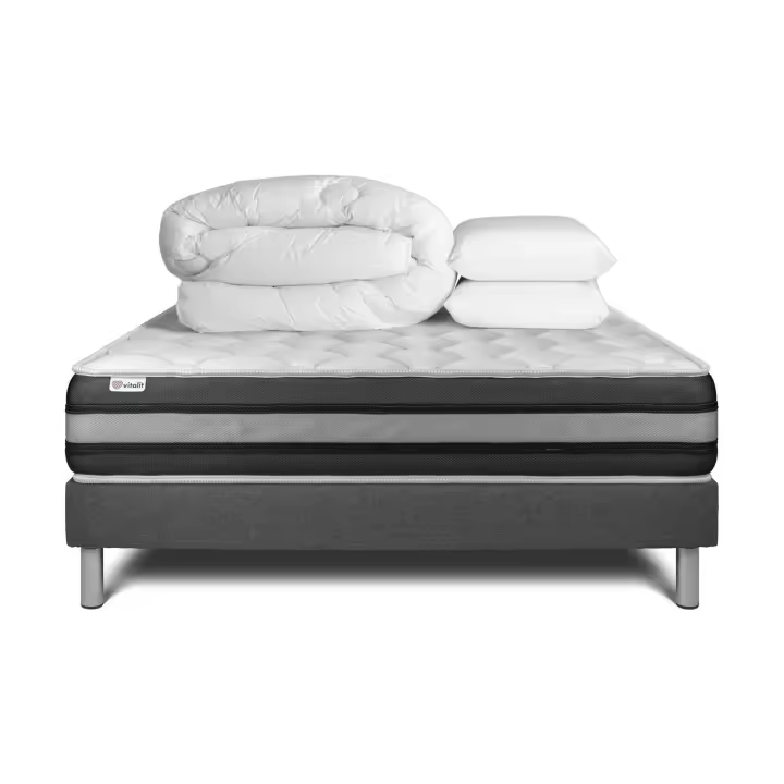 Pack cama completa - Colchón 140x200cm + Somier con láminas (en kit) + 2 almohadas + Edredón - Vitalspring Zen - 1