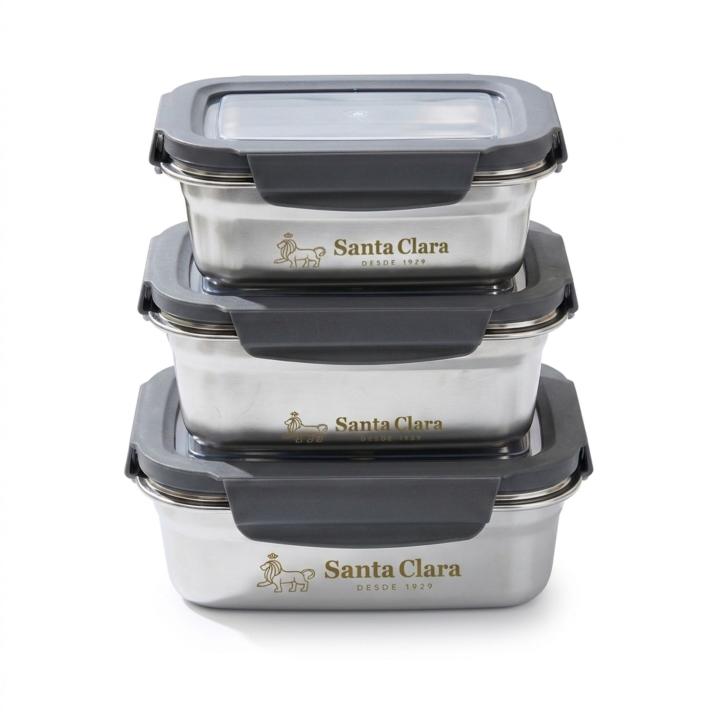 SANTA CLARA | Fiambreras de Acero Inoxidable Herméticas (0.6L / 1.8L / 2.6L), Apta para Microondas y Horno, Tapa Plástica con 4 Cierres, Tupper Acero Inoxidable, Lunch Box, Set de 3 y Opciones Individuales
