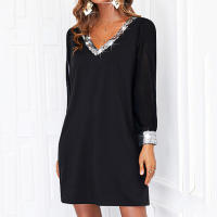 Vestido Largo De Encaje Brillante Para Mujer Con Manga Completa Y Cuello En V Color Sólido Elegante Para Noche Y Fiesta Vestido De Midi - details 1