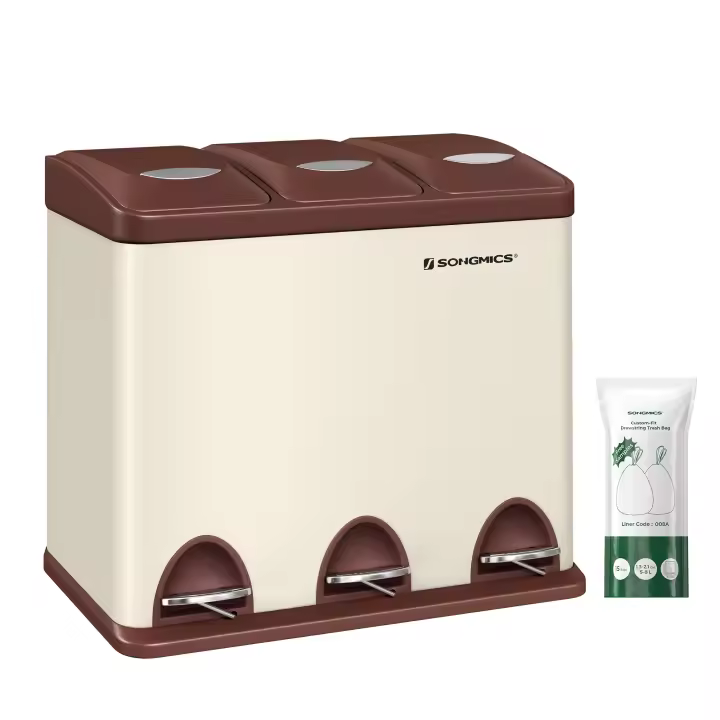 SONGMICS - Papelera de cocina, 3 x 8 L, con tapas, basura triple de acero para pequeñas familias, pedales y cuartos, fácil de limpiar, Plata y Negro/Blanco Crema y Marrón/Blanco Crema y Marrón/Negro/Blanco y Gris - 1