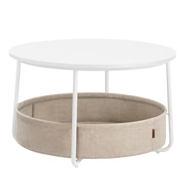 Mesa de Centro Redonda con Almacenamiento y Cesta de Tela - Estilo Moderno, Marco de Metal, Color Blanco Nieve o Negro Tinta - 1