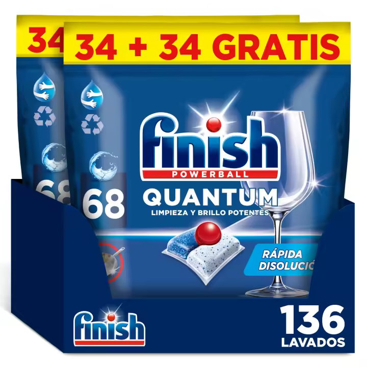 Finish Powerball Quantum, 136 Pastillas para Lavavajillas, Limpieza y Brillo Potentes, Aroma Regular, Formato 2x68 - 1