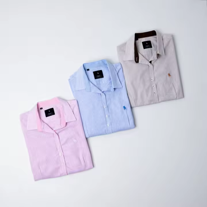 S&C Camisa de Mujer entallada a rayas- color celeste, rosa y marrón - 1