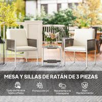 Outsunny Conjunto de Jardín Exterior de 3 Piezas Juego de 2 Sillas y Mesa de Ratán con Cojines Acolchados y Encimera de Vidrio para Balcón Terraza Marrón y Crema - details 3