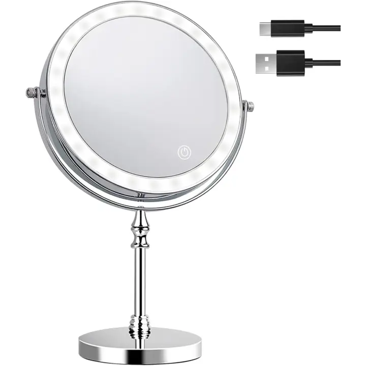 Espejo Maquillaje con Luz LED, Aumento de 1X/10X con 3 Luces de Colores Recargable por USB, Doble Cara Giratorio 360 Espejo Cosmético Apto Maquillaje y Cuidado Facial - 1
