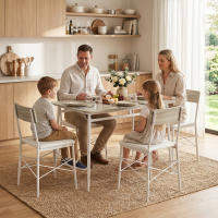 HOMCOM Juego de Mesa y Sillas de Comedor 5 Piezas, Mesa de Cocina Rectangular con 4 Sillas Acolchadas, Estilo Moderno, Marco Metálico, para Espacios Pequeños, Salón, 106x66x75 cm, Roble y Blanco - details 3