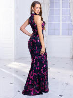 Vestido Largo De Noche Con Floral Y Lentejuelas Cuello Alto Sin Mangas Elegante Ajustado Para Fiesta Boda Maxi Gown - details 3