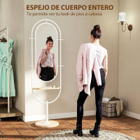 HOMCOM Espejo de Cuerpo Entero 175,5x50 cm Espejo de Pie con Bandeja de Madera 4 Ganchos y Marco de Metal para Salón Dormitorio Blanco - details 3