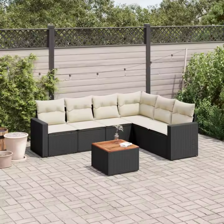 vidaXL Set de comedor de jardín 7 pzas y cojines ratán sintético negro - 1