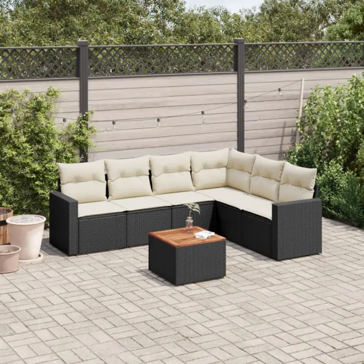 vidaXL Set de comedor de jardín 7 pzas y cojines ratán sintético negro - 1