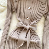 Vestido De Punto Para Mujer REALEFT Otoño Invierno Con Cinturón Cuello Polo De Mano Sola Manga Larga Ajuste Cintura Alta Vestido De Trabajo - details 24