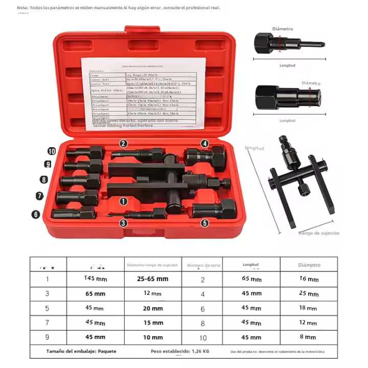 Kit De Extracción De Rodamientos Para Motocicleta 10pcs Herramienta De Desmontaje Manual Con Juego De Arrancadores De Dos Mandíbulas Y Caja - 1