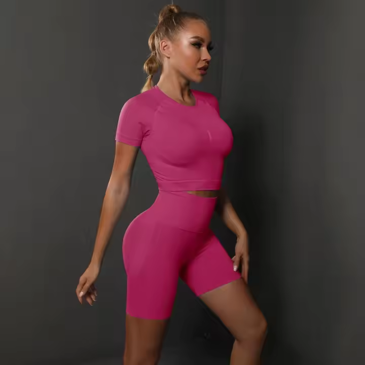 SSITO Nuevo conjunto de Pantalones cortos de manga cortos de Yoga de color sólido de melalgodón sin costura para correr, deportes y Fitness conjunto de Dos piezas - 1