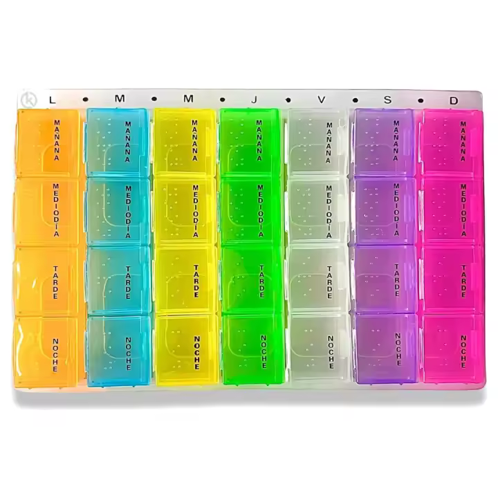 KROWN - Pastillero Semanal 7 Dias, 4 Tomas Diarias, Compartimentos Individuales Diferenciados por Colores, Organizador Medicamentos, Dosificador de Pastillas, Lectura Braille para Invidentes - 1