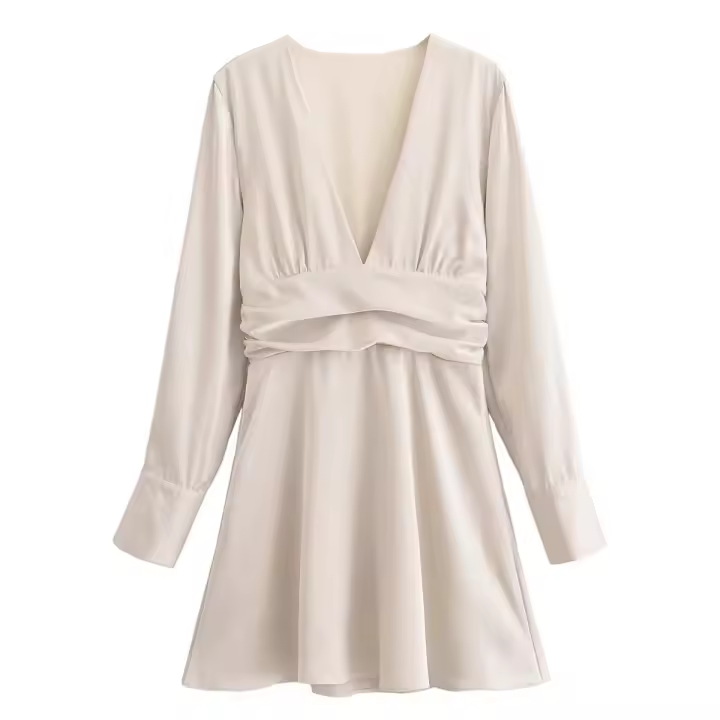 Mini vestido liso de satén de otoño para mujer, Vestidos informales de manga larga con cuello en V y cintura fruncida, Vestidos femeninos - 1
