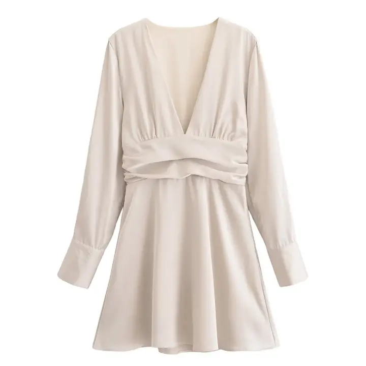 Mini vestido liso de satén de otoño para mujer, Vestidos informales de manga larga con cuello en V y cintura fruncida, Vestidos femeninos - 1