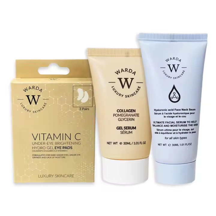 Warda Luxury Skincare SUERO DE GEL DE COLÁGENO SKIN LIFTER BOOST 30 ml + GEL HIDRO ILUMINADOR CON VITAMINA C PARA CONTORNO DE OJOS x 3 + Ácido hialurónico Suero para rostro y cuello 30 ml - 1