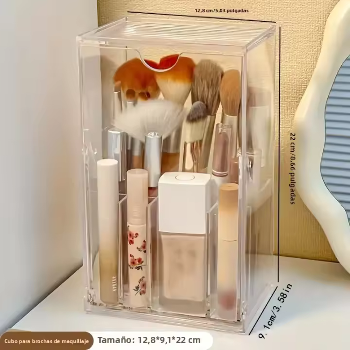 Porta-Pinceles De Acrílico Organizador De Cosméticos Con Slots Ajustables Para Escritorio Y Vanidad Caja De Almacenamiento Con Tapa De Inclinación - 1
