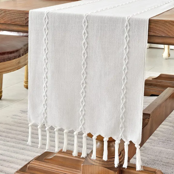 Camino de mesa de lino y algodón estilo rústico, camino de mesa de café de 180 cm con borlas hechas a mano para fiestas, decoraciones de comedor (café claro, 180 cm) - 1