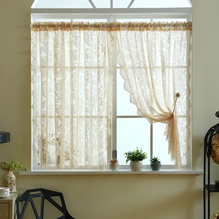 Cortina De Encaje Blanca Romántica 1 Pieza Con Bordado Floral Para Cocina Y Sala De Estar Ventana Plana Translúcida De Tela De Poliéster 100% Estilo Pastoral - 1