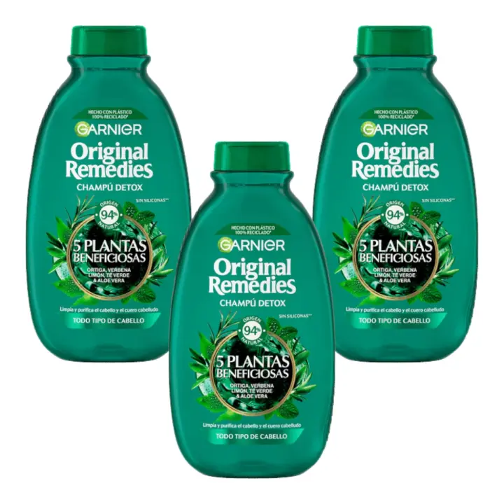 GARNIER Original Remedies Té Verde & 5 Plantas - Pack 3 Champús 300 ml - 1