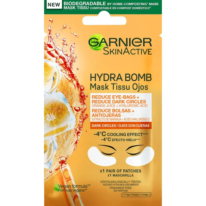 Garnier Skin Active Mask Tissue mascarilla de tela contorno de ojos anti-fatiga y anti-ojeras con ácido hialurónico y extracto de naranja. - 1
