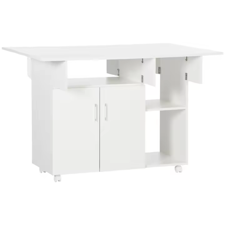 HOMCOM Mesa de comedor plegable, mesa plegable con ruedas, con 3 compartimentos, 1 armario, estante regulable, para espacios reducidos, blanco - 1