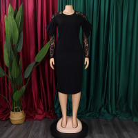 Vestido Elegante De Mujer Con Cuello Redondo Y Manga Larga En Luto Sólido Ajustado Hasta Las Caderas Largo Medio Para Fiestas Y Comidas En El Restaurante - details 8