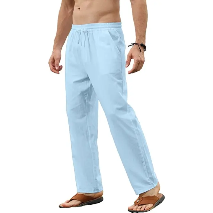 Men's Cotton Linen Pants Casual Loose Pants Male Breathable Solid Color Drawstring Jogger Yoga Baggy Trousers - 1