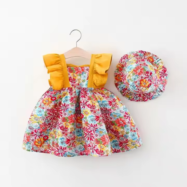 Vestido De Princesa Sin Mangas Para Bebés Niñas Verano Con Estampados De Flores A-Line Talla True Cotton Polyester Hat Includo 0-3 Años - 1