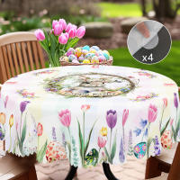 Mantel Redondo De Pascua Con Estampado De Tulipanes Conejitos Y Huevo En 5 Tamaños Disponibles Decoración De Jardín De Primavera Para Uso Diario En Cocina Terraza - details 3