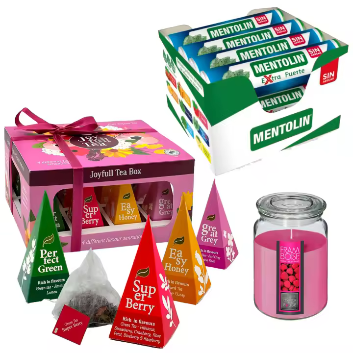 Pack relax: MENTOLIN EXTRA FUERTE S/A TUBO 12X20G + WELL HOME - Vela perfumada de frambuesa + WELL HOME - Caja de Té Joyfull con variedad de sabores - 1