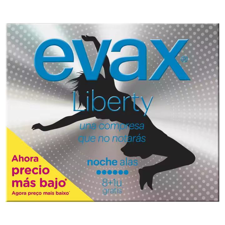 Compresas Evax Liberty Noche Alas - 72 unidades - 8 Cajas de 9 Compresas Evax Liberty Noche Alas - FORMATO AHORRO - 1